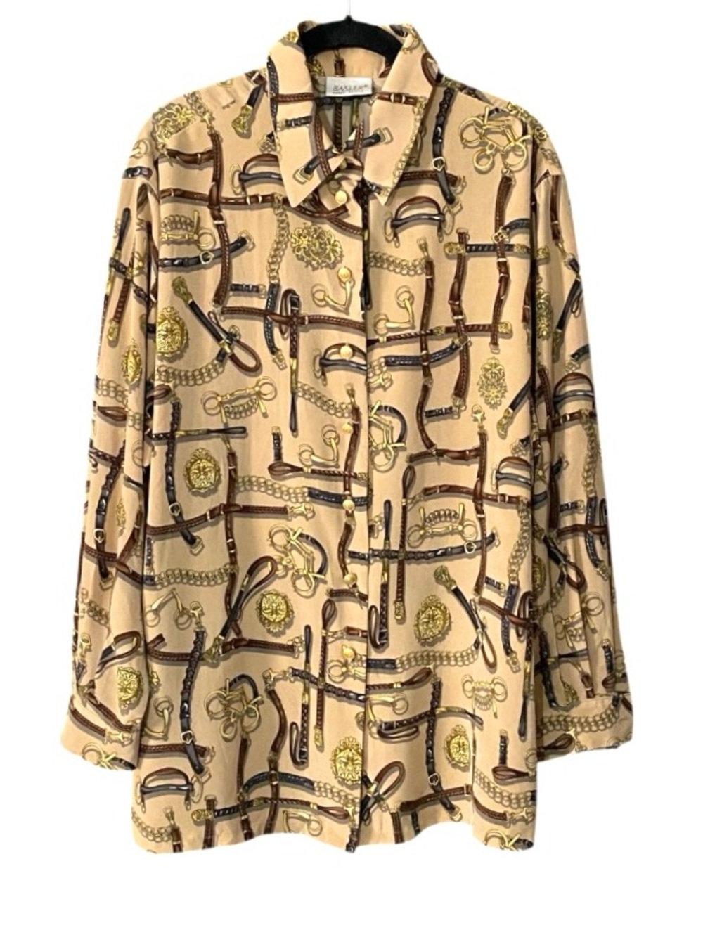 Basler Equestrian Scarf Print Blouse Gold Horse Bit Buttons Plus Size 1X Brown